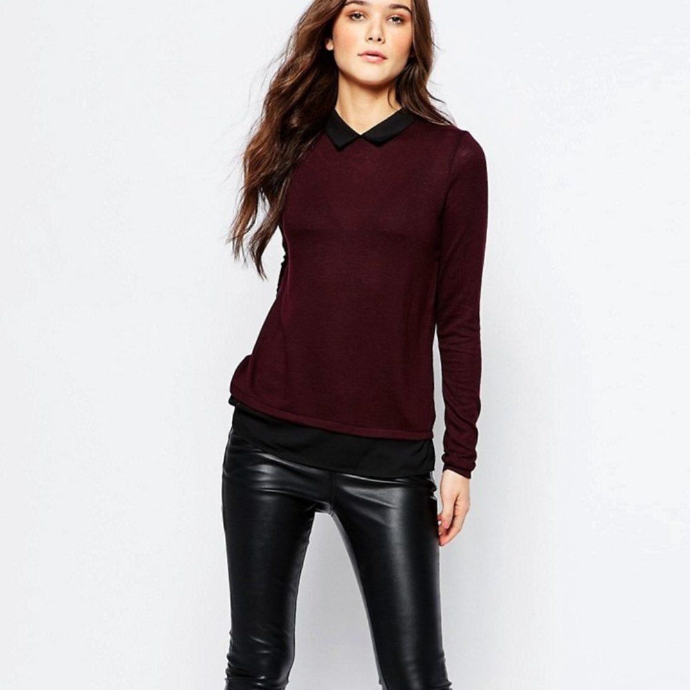 Like NEW Maroon Lightweight Sweater with Black Sheer Collar and Hemline Sz 8 - Picture 4 of 9